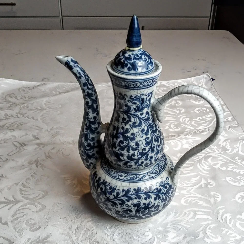 Thai Blue Grey Swirl Print Ewer Lidded Pitcher